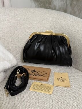 Patricia Nash Black Leather Frame Clutch with Gold Hardware